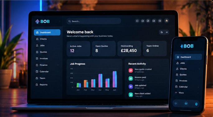 Illustrative BOB dashboard shown on a laptop and phone