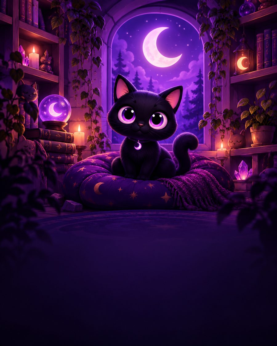 A playful black cat in a cosy purple moonlit room