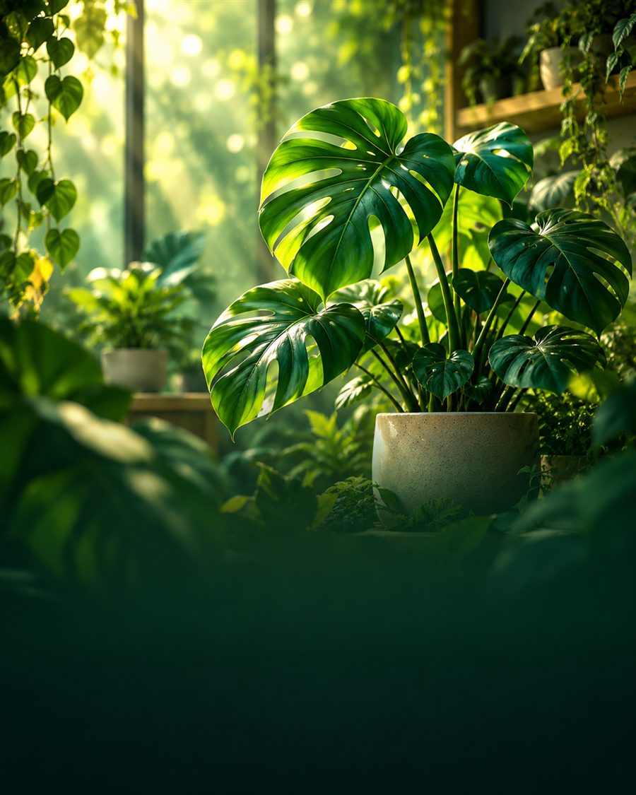 A thriving monstera plant in a softly lit indoor garden